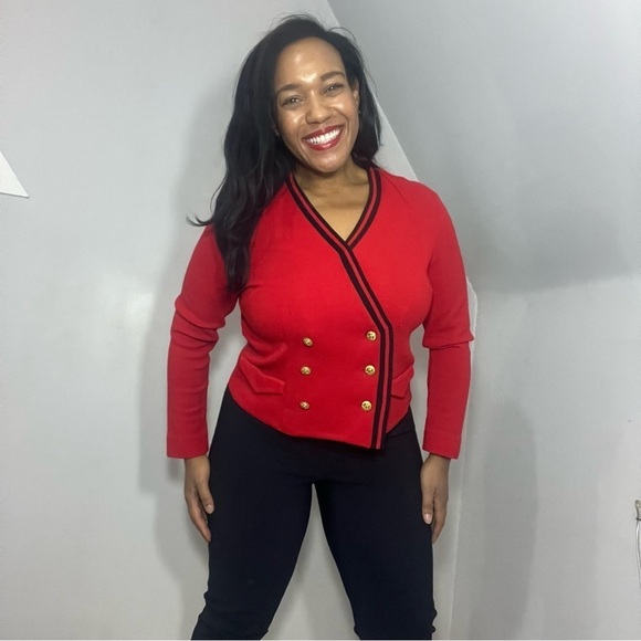 Vintage red double breasted knit cardigan wool sweater Medium preppy military - Picture 11 of 11